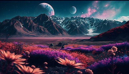 Wall Mural - a plain valley full of wildflowers, with a beautiful background of snowy mountains behind, spring ocean waves, pink peach petals floating with Generative AI Technology.