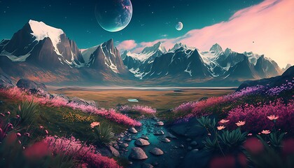 Wall Mural - a plain valley full of wildflowers, with a beautiful background of snowy mountains behind, spring ocean waves, pink peach petals floating with Generative AI Technology.