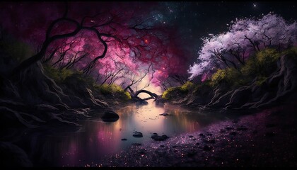 Dark painting style, river flowing through cherry blossom groves with Generative AI Technology.