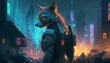 Cyberpunk Fox with futuristic cityscape with Generative AI Technology.