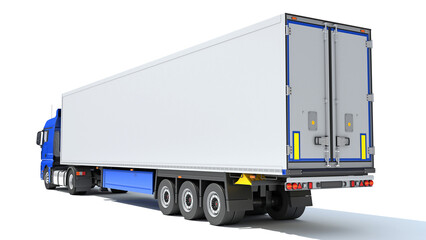 Truck with Reefer Refrigerator Trailer 3D rendering on white background