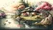 Japan landscape with lake house, birds, fish and lots of flowers, watercolor style with Generative AI Technology.