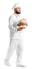 Canvas Print - Male baker with loaves of fresh bread on white background