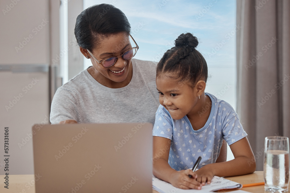 Education, e learning and home school for girl with mother at a table ...