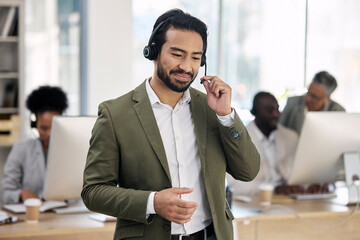 Canvas Print - Call center, smile and consulting with man in office for customer support, telemarketing and advisory. Help desk, team leader and contact us with employee listening for communication, sales and crm