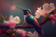 Close Up Of Hummingbird On A Cherry Blossom Branch In Full Bloom, Surrounded By Falling Petals In A Serene Japanese Garden. Generative AI.