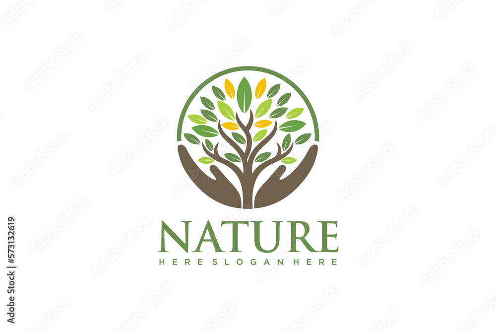 Human hands and tree with green leaves. Logo, symbol, icon ...