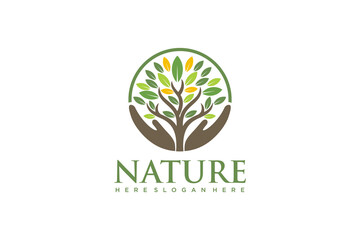 Human hands and tree with green leaves. Logo, symbol, icon, illustration, vector, template, design