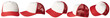 Set of red and white trucker cap hat mockup template collection, various angle isolated cut out