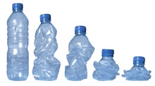 Set Of Crumpled Plastic Water Bottle In Various Shape, Isolated Cut Out