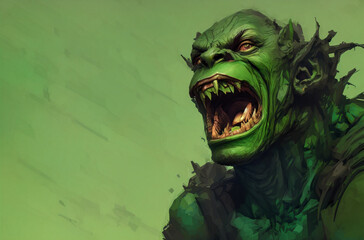 Portrait of terrifying green monster screaming. Fantastic creature. Orc. Ogre. Troll with frightening facial expression. Generative AI	