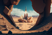 A Rocket Launching From A Desert Landscape, With A Trail Of Dust And Smoke Left In Its Wake Generative AI