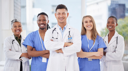 Arms crossed, medical teamwork and diversity portrait for hospital leadership, support and wellness clinic. Happy group of healthcare doctors, nurses and smile with motivation, trust and medicine