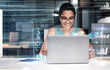 © Chanelle M/peopleimages.com - Laptop, hologram hud or business woman review finance chart, stock market database or futuristic night overlay. Forex investment, online data analysis or African trader trading NFT, bitcoin or crypto