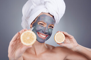 Sticker - Lemon mask, clay and woman with smile for healthy facial, beauty portrait and wellness makeup in studio. Happy female model, citrus fruits and vitamin c for charcoal product, shower and laughing face