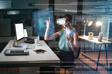 Wall Mural - Woman, night and 3d vr headset with hologram network, web design and planning for global cybersecurity. Developer, augmented reality in metaverse for cloud computing or coding at office with ui