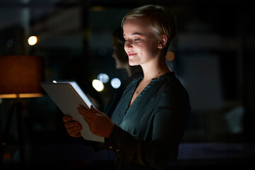 Aufkleber - Work, overtime and woman with tablet, smile and internet search, working late on digital design project. Dark night at office, designer at in creative startup reading online market research report.