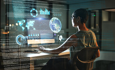Aufkleber - Computer, global analytics hologram or woman review finance data, stock market database or futuristic overlay. Forex investment hud, ecommerce back view or night trader trading NFT, bitcoin or crypto