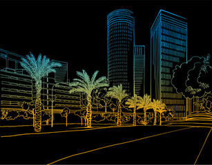 Wall Mural - Urban landscape. Nice view on the modern Tel Aviv, Israel. Colourful Urban sketch. Hand drawn line sketch. Vector illustration on black.