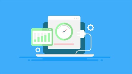 Web application testing on laptop, website software plugin examine report on digital interface. 2d animation conceptual video clip.