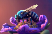 A Close-up Of A Japanese Carpenter Bee Gathering Pollen From A Purple Bloom, Captured Using A Selective Focus Lens. Generative AI