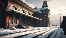 Train Stop At Railway Station In A Heavy Snow Day, Generative Ai