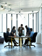 Poster - Business people, meeting and team collaboration for corporate strategy in boardroom or conference table. Group of employee workers in planning, brainstorming or teamwork for company goals in workshop