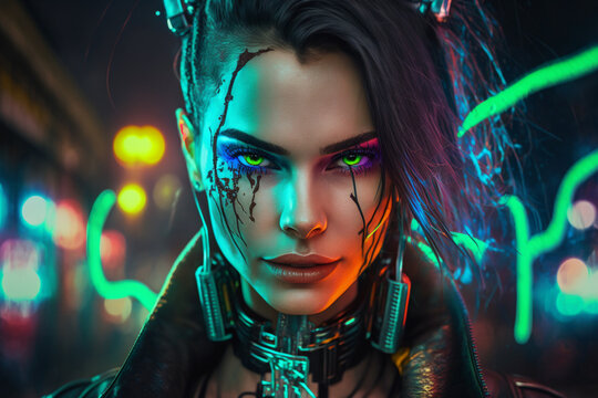 Cyberpunk style portrait of beautiful young woman portrait 