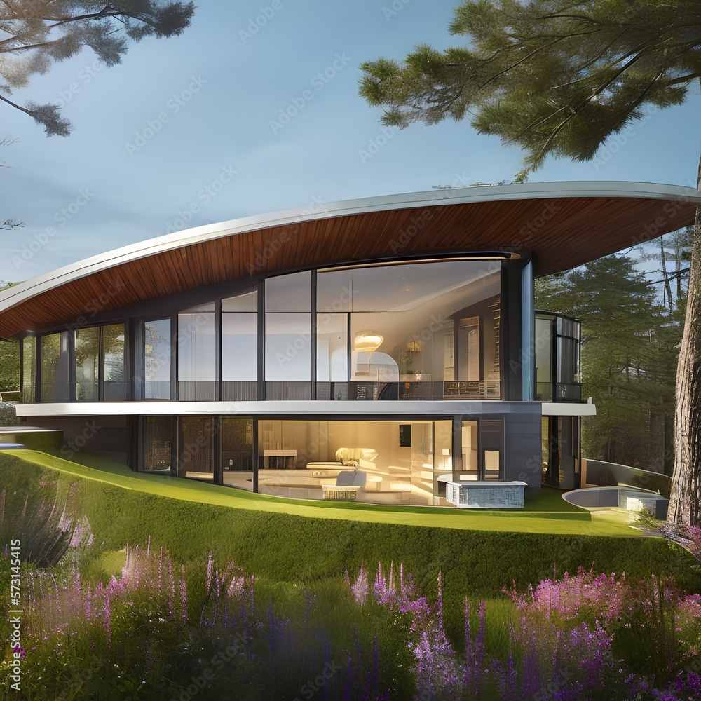 a modern house with a curved roof and all glass exterior and a small balcony on each floor 2_SwinIRGenerative AI