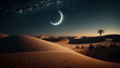 © Rawf8 - Desert landscape with crescent moon on dark starry sky. Ramadan eid, Islamic Religion Concept. Generative AI