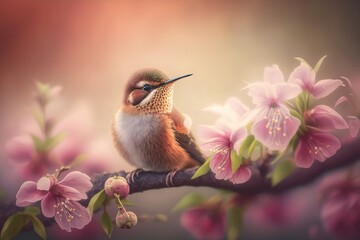 Wall Mural - Spring time: cute little hummingbird sitting on a blossomming cherry tree. Gentle bokeh background. AI