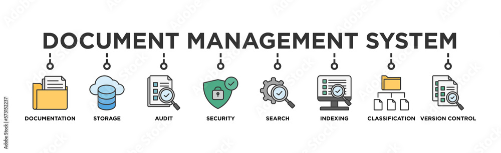 Document management system banner web icon vector illustration concept with icon of file, cloud storage, audit, security, search, indexing, classification, version control 