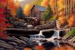 Painting illustration of Glade creek grist mill in autumn time, AI-generated image.