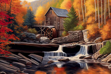Painting Illustration Of Glade Creek Grist Mill In Autumn Time, AI-generated Image.