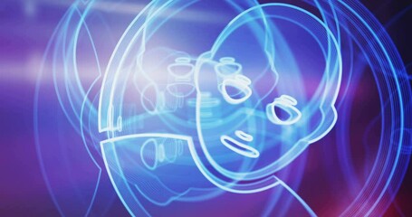Social media chat face and artificial intelligence head symbol rotating on lights loopable background. Cyber technology abstract concept icon 3d seamless and loop animation.
