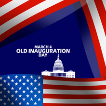 American Flags With Building And Bold Text On Dark Blue Background To Commemorate Old Inauguration Day On March 4