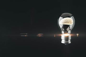 Wall Mural - Abstract glass lamp with brain inside on black background with mock up place. Inventor concept. 3D Rendering.