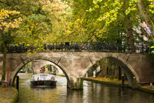 A Canal Boat On The Singel Canal Of Utrecht, The Netherlands.