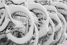 Snow Covered Bikes In Amsterdam, The Netherlands.