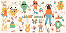 Groovy Hippie Happy Easter Set. Easter Bunny, Eggs, Butterflies, Cupcakes, Chickens. Set Of Cartoon Characters And Elements In Trendy Retro 60s 70s Cartoon Style.