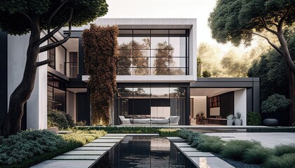 Luxury Beverly Hills Mansion house with Stunning Pool and Garden View. Modern Minimalist Design. Generative ai illustration