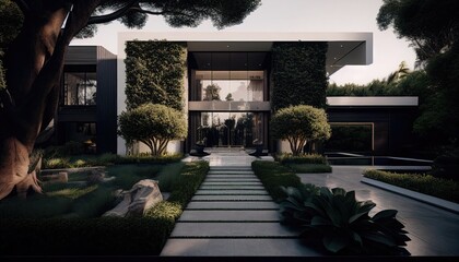 Luxury Beverly Hills Mansion house with Stunning Pool and Garden View. Modern Minimalist Design. Generative ai illustration