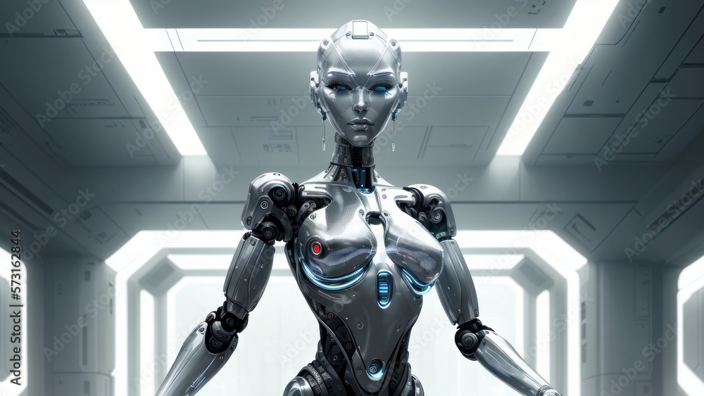 Futuristic humanoid robot with sleek design showcased in a metallic ...
