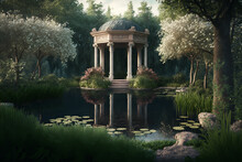 Gazebo In The Garden With Pond And Flowers. Generative AI