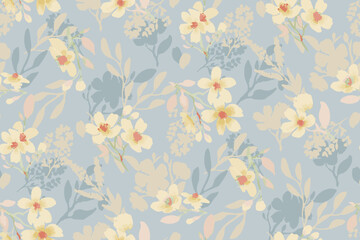 Spring summer green delicate seamless pattern with blooming apple tree or sakura.