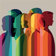 Anonymous Silhouette Of Group Of People Looking Each Other, There Is A Rainbow At Background. LGBTQ Concept.
