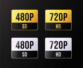 Video resolution definition sticker design, silver gold color set. Rectangle frame label.