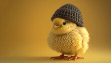 Cute Little Chicken In A Knitted Hat On A Yellow Background. Generation AI