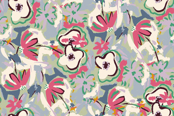 bright contrast multicolored floral pattern with brush strokes of paint