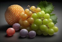 Illustration Of Fresh Fruits, Grapes Strawberry Melon Created By Generative Ai Technology